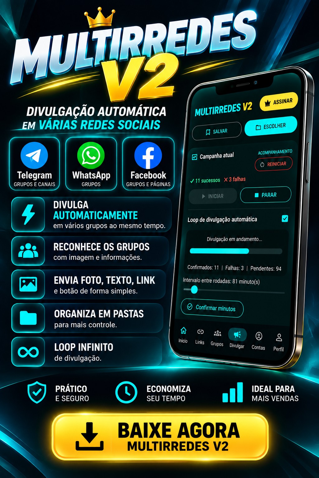 Flyer promocional do MULTIRREDES V2 com recursos do aplicativo